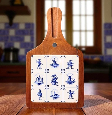 Vtg Delft Blue White Dutch Life Windmill Ceramic Hanging Wood Cutting Board - Image 1 of 4