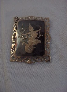 Vintage Antique Sterling Silver Square Brooch Pin Siamese Dancer On Black NICE - Picture 1 of 4