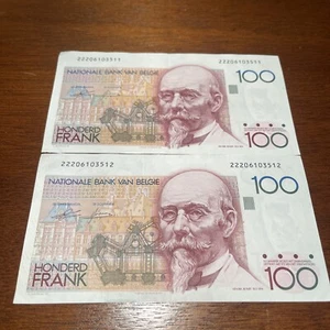 Two Sequential 100 Belgian Franc banknote (Hendrik Beyaert) 22206103511/2 uncir - Picture 1 of 10