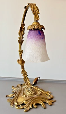 🟢 SCHNEIDER PIED BRONZE ROCAILLE LAMPE DE TABLE PATE DE VERRE ART NOUVEAU - Photo 1/4