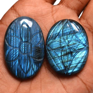 2 Pcs Natural Labradorite Hi-Quality Hand Carved 39-43mm Oval Cabochon Gemstones - Picture 1 of 12