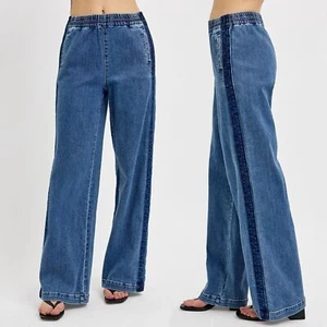 RISEN High Rise Elastic Waist Wide Leg Side Seam Detail Jeans - Picture 1 of 7