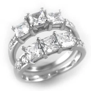 .925 Sterling Silber Hochzeit Prinzessin CZ "Vergangenheit, Gegenwart, Zukunft" Damen Ring Set - Bild 1 von 7