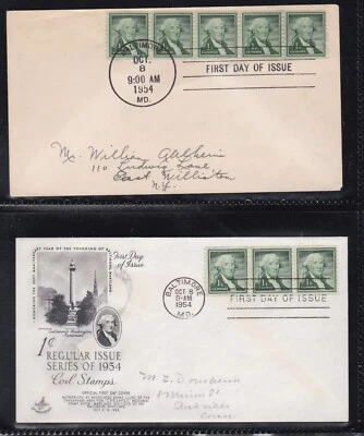 USA 1954 3 FIRST DAY COVERS 1c WASHINGTON COIL + 2 WITH CACHETS - Image 1 of 2