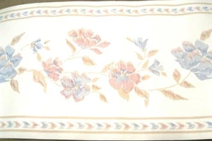  Wallpaper Border Blue Pink Tan Flowers White Wall 7469074 Vinyl NIP - Picture 1 of 2