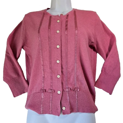 Suéter Vintage Gap Mujer Rosa Mediano Cardi Lana de Cordero Satén Cinta Lazos Twee Y2K Foto 1 de 4