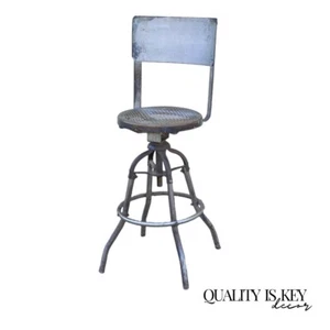 Antique American Industrial Metal Drafting Work Stool with Oak and Cane Seat - Picture 1 of 10