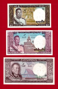LAOS UNC NOTES - 20 Kip 1962 (P-11a), 50 Kip 1963 (P-12b) & 100 Kip 1974 (P-16a) - Picture 1 of 2