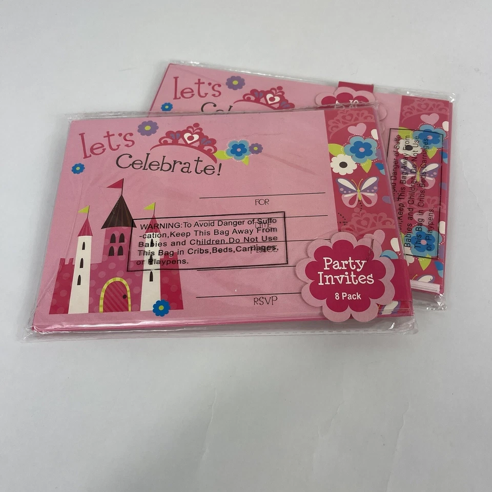 Convites de festa de aniversário princesa 16 cartões conjunto envelopes castelo rosa em branco - Imagem 1 de 4