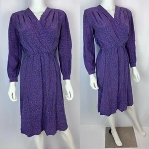 Vintage XS Silk Purple V-Neck Long Sleeve Pocket Knee Length Dress - Picture 1 of 10