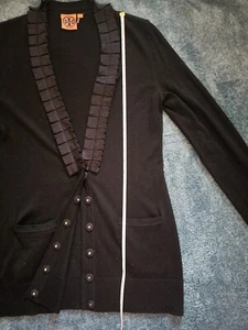 Tory Burch Satin Ruffle Black Merino Wool Long Sweater Tunic Small S - Picture 1 of 9