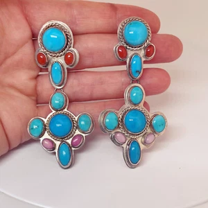 Long tURQUOISE Coral Drop Earrings Sterling Silver Multistone Native American - Bild 1 von 5