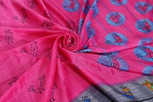 Tela de kimono artesanal de 5 yardas con estampado de seda crepe puro saris rosa de colección - Imagen 1 de 3