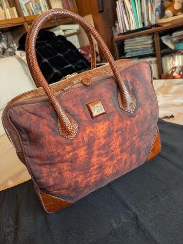 Borsa donna vintage Loewe anagramma tela lucertola decorazione borsetta marrone diretta
