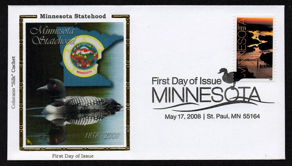 USA, SCOTT # 4266, COLORANO SILK FDC COVER - MINNESOTA STATEHOOD and DUCK 2008 - Image 1 of 1