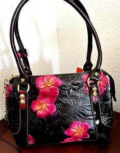 Marino Orlandi Hawaii Flower Pink & Brown Italian Leather Shoulder Satchel Bag - Picture 1 of 20