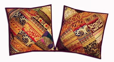 16"-2 GLITTERING RICH ANTIQUE BEAD SARI THROW ACCENT FLOOR CUSHION PILLOW COVERS - Image 1 of 4