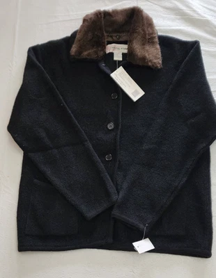 CRYSTAL KOBE 开衫羊毛毛衣可拆卸人造毛皮衣领口袋尺寸 L 全新带标签 — 第 1/4 张图片