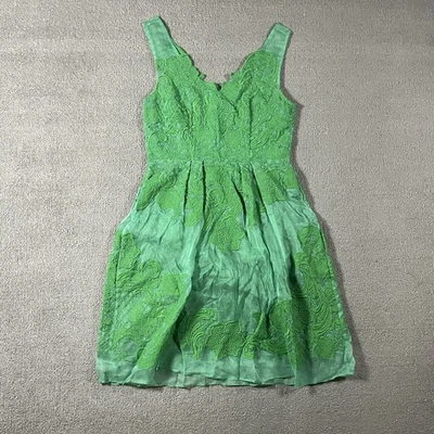 Vestido Baraschi Mujer Talla 2 Verde Seda Organza Bordado Transparente Superpuesto Foto 1 de 4