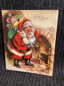 Vintage Volland 1950s Christmas greeting Card Santa By Fireplace Sack Of Toys - Picture 1 of 3