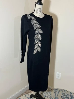 Vintage Outlander Black Sweater Dress Silver Sequin Long Sleeve Sheath Petite S - Image 1 of 4