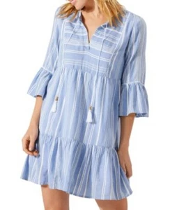 Tommy Bahama Just Beachy Stripe Tier Dress Women's Lined Tassel Blue Size Large - Picture 1 of 8