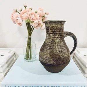 VTG Art Studio Pottery Pitcher Artist Signed Earth Tones MCM 8” Farmhouse Brown - Picture 1 of 8