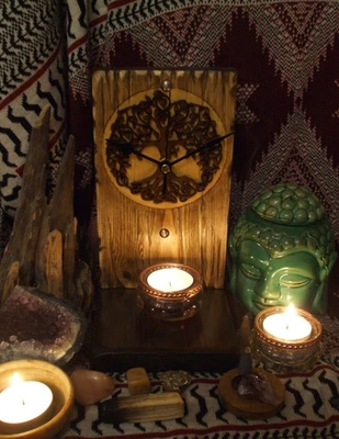 Tree of Life Wooden Clock – Rustic Boho Shelf Art Handmade Gift UK - Image 1 of 4