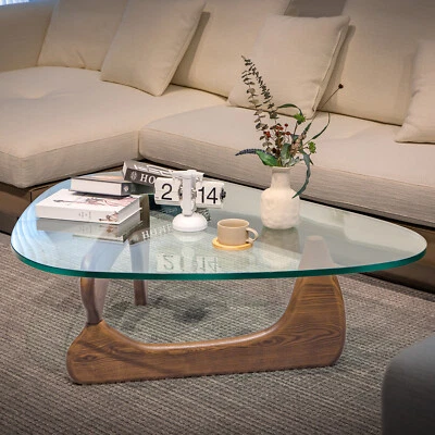 Classic 0.8" Thicken Glass Coffee Table Noguchi Table Solid Wood Base Walnut - Image 1 of 4