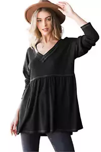 Heimish V-Neck Long Sleeve Ribbed Babydoll Top - Picture 1 of 4