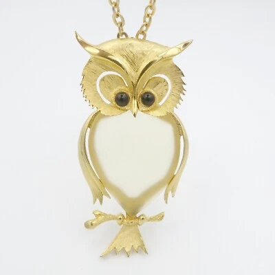 Vintage Unsigned Yellow Frosted Lucite Belly Gold Tone Owl Pendant Necklace - Image 1 of 4
