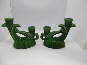 Pair of Vintage Art-Deco USA Green Ceramic Pottery Double-Candlestick Holders - Picture 1 of 10