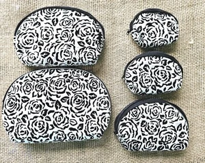 New Allegro 5 Pc Rosette Black & White Cosmetic Zip Up Makeup Bags - Picture 1 of 3