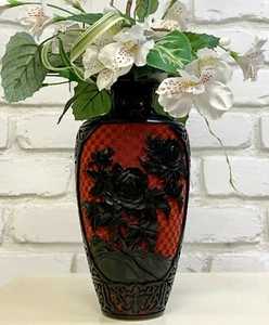 Cinnabar Stone Red and Black Oriental Asian Floral Vase Table Sculpture - Picture 1 of 8