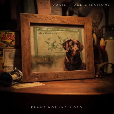 Vintage Duck Hunting Stamp Art Print 8X10 Chocolate Lab Dog Cabin Wall Decor - Image 1 of 4