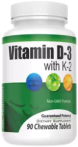 Vitamin D-3 (2,000 IU) + K2 | All Natural Immune Support - 90 Chewable Tablets - Picture 1 of 7