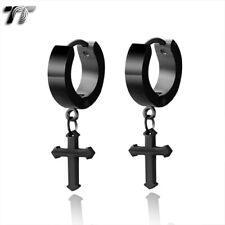 Top Quality T&T Black 316L Stainless Steel Hoop Dangle Cross Earrings EH124D 