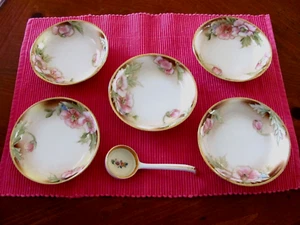 ANTIQUE NIPPON 5 PINK FLORAL MORIAGE GOLD GILT BERRY BOWLS & NORITAKE SPOON EXC - Picture 1 of 11