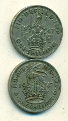 2 MONEDAS ANTIGUAS DE 1 CHELÍN de GRAN BRETAÑA - 2 TIPOS (AMBAS DATAN DE 1947) Foto 1 de 2