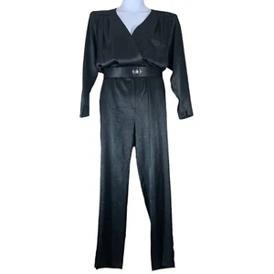 Vintage Jumpsuit Size 10 Black Shoulder Pads Belted V Neck Samantha Black - Picture 1 of 7