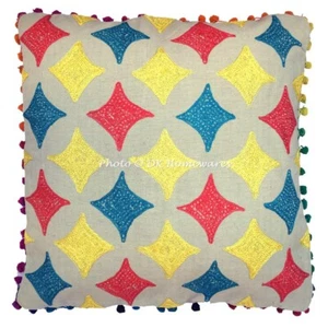 Ethno Baumwolle Überwurf Kissenbezug bestickt Frottee Webart Boho Bommel Kissen - Bild 1 von 5