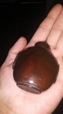 Vintage Carved Dark Brown Agate Snuff Bottle W/ Motif Mask Handles - Image 1 of 4