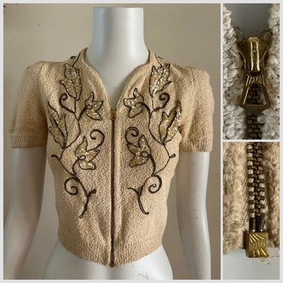Cárdigan top de lentejuelas con cremallera campana garra suéter tejido boucle manga abullonada años 30 de colección Foto 1 de 4