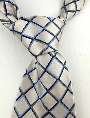 Extra Long Necktie 61 x 3.5 Satin Silver Blue Grid Diamond Pattern Big & Tall - Image 1 of 4