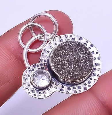 Titanium Carbon Agate Drusy Gemstone 925 Sterling Silver Pendant 1.33" A311 - Image 1 of 4