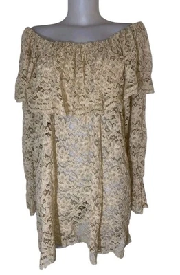 Vtg Victoria’s Secret Sz L Womens Gold Label Tan Lace Ruffle Boho Cottage Dress - Image 1 of 4