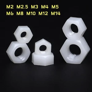 M2 M2.5 M3 M4 M5 M6 M8 M10 M12 M14 White Nylon Plastic Hex Nuts Full Hexagon Nut - Picture 1 of 7