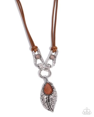 Paparazzi Fierce Feather - Brown - Silver Leaf - Brown Gem -Necklace & Earrings - Image 1 of 3