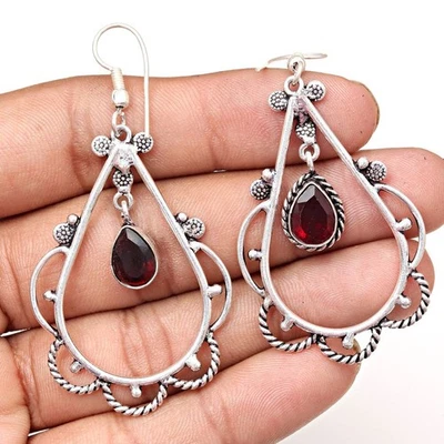 Amethyst Quartz Gemstone Handmade Silver Jewelry Earrings 1.5'' - Image 1 of 4
