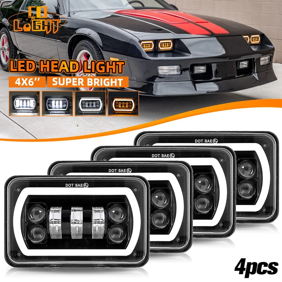 4pcs Fit 1982-1992 Chevrolet Camaro Z28 4x6" LED Headlights Halo DRL Hi-Lo Beam - Image 1 of 4